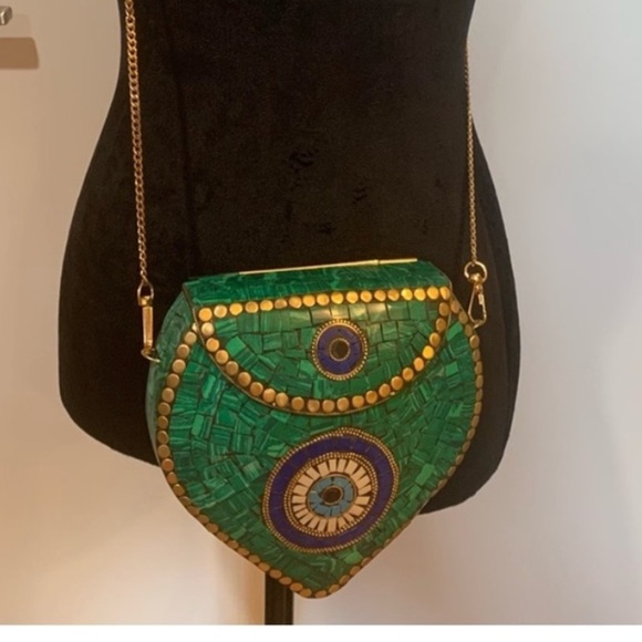 RAMLA HANDMADE Green Mosaic Clutch with Blue, Gold & White Accents NWOT Designer - Picture 6 of 6